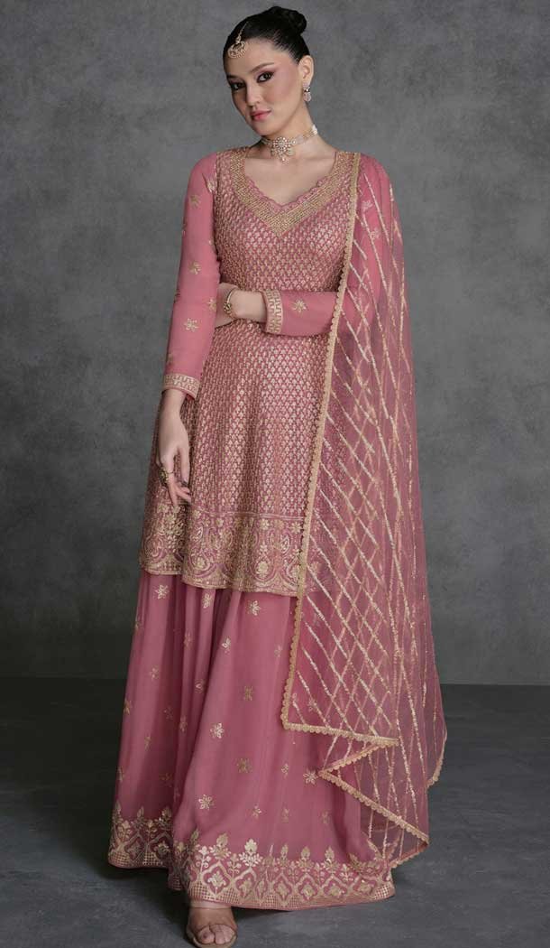 Baby Pink Georgette Embroidery Work Party Wear Sharara Suit – 9981191691