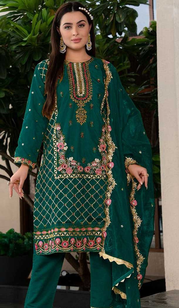 Green Organza Embroidered Pakistani Style Salwar Suit – 9985191705