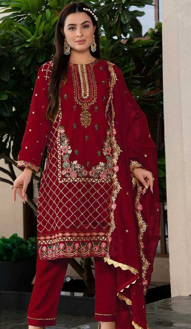 Maroon Organza Embroidered Pakistani Style Salwar Suit – 9985191706