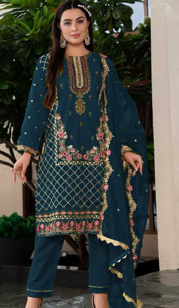 Teal Blue Organza Embroidered Pakistani Style Salwar Suit – 9985191707