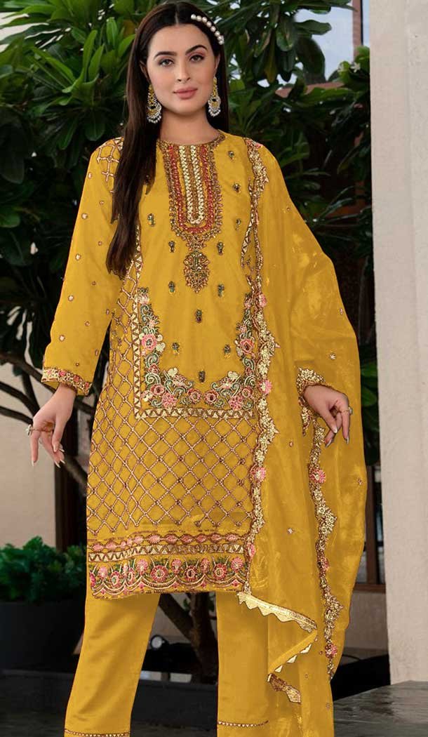 Mustard Organza Embroidered Pakistani Style Salwar Suit – 9985191708