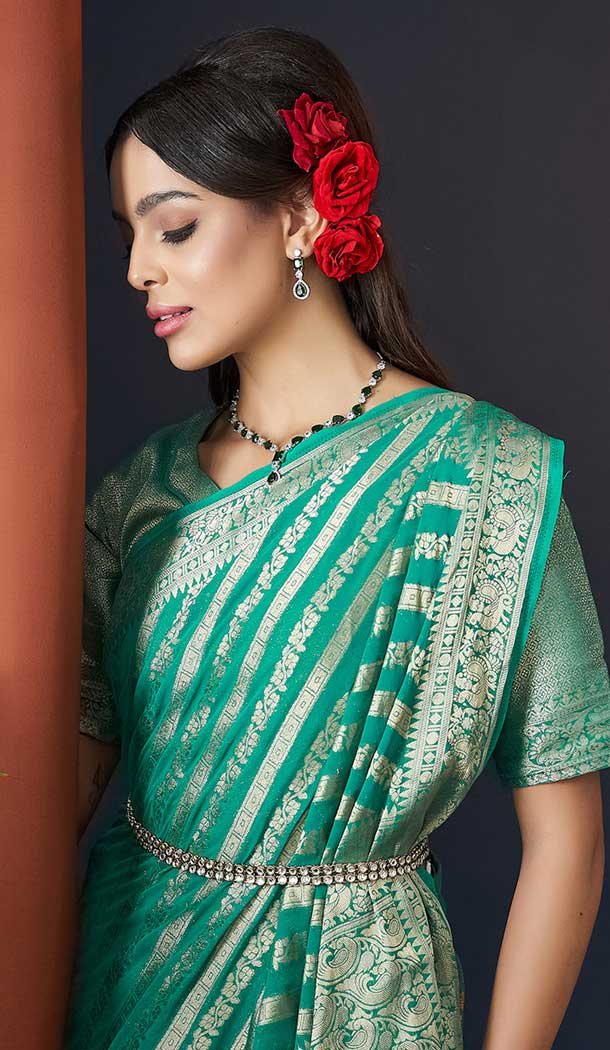 Mint Green Pure Georgette Zari Work Party Wear Saree – 9988191715