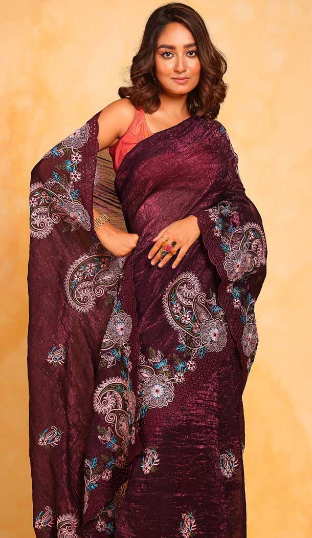 Pure Georgette Thread Embroidered Party Wear Saree In Wine – 10004191859