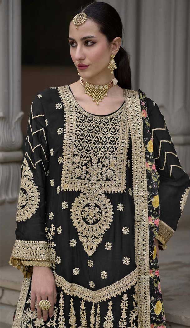 Chinon Embroidered Party Wear Readymade Sharara Suit In Black – 10008191869