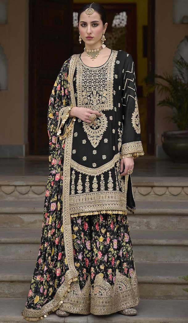 Chinon Embroidered Party Wear Readymade Sharara Suit In Black – 10008191869