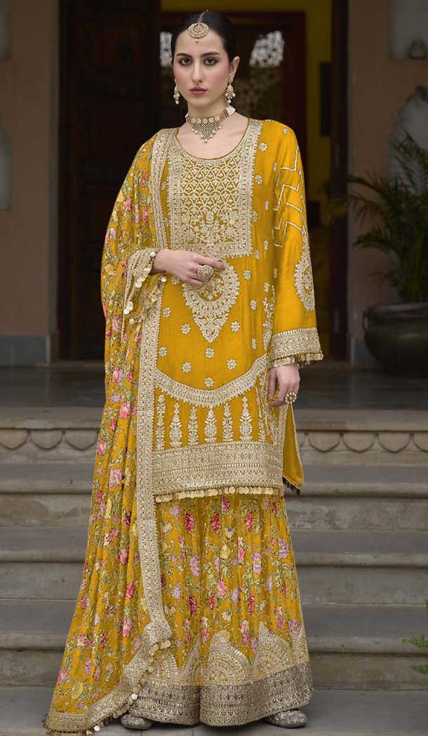 Chinon Embroidered Party Wear Readymade Sharara Suit In Mustard – 10008191870