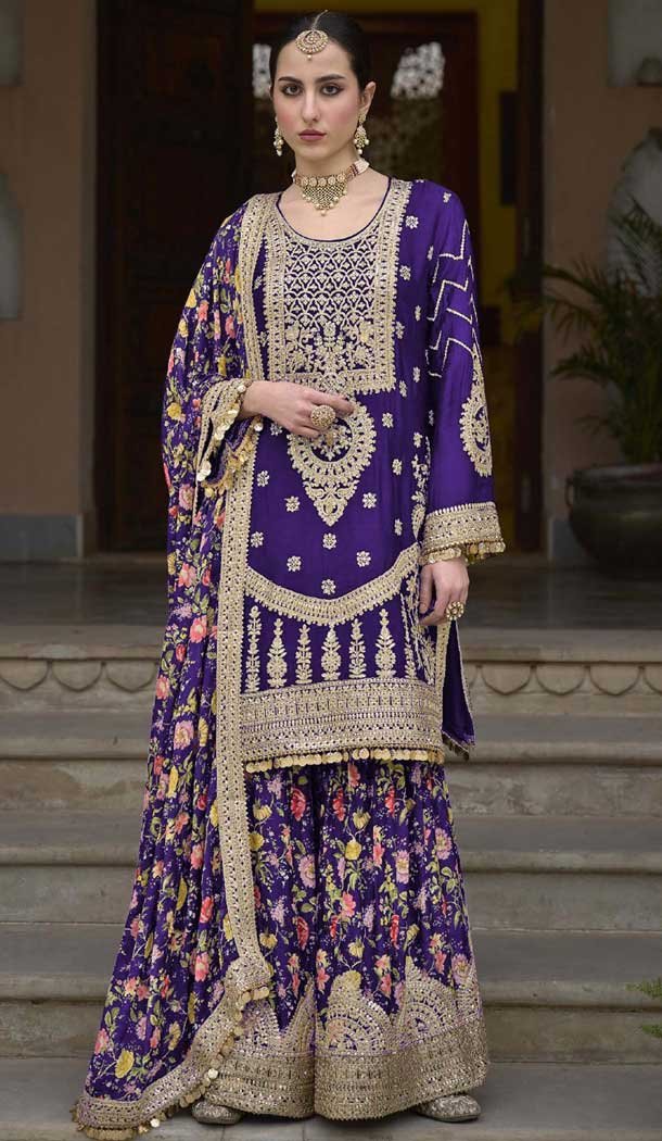 Chinon Embroidered Party Wear Readymade Sharara Suit In Purple – 10008191871