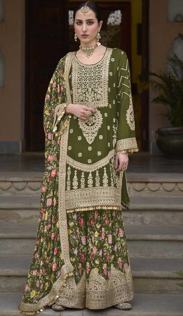 Chinon Embroidered Party Wear Readymade Sharara Suit In Mehendi Green – 10008191872