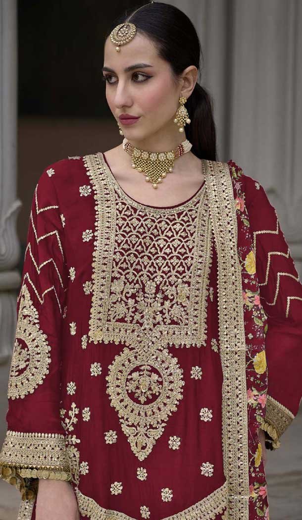 Chinon Embroidered Party Wear Readymade Sharara Suit In Maroon – 10008191873