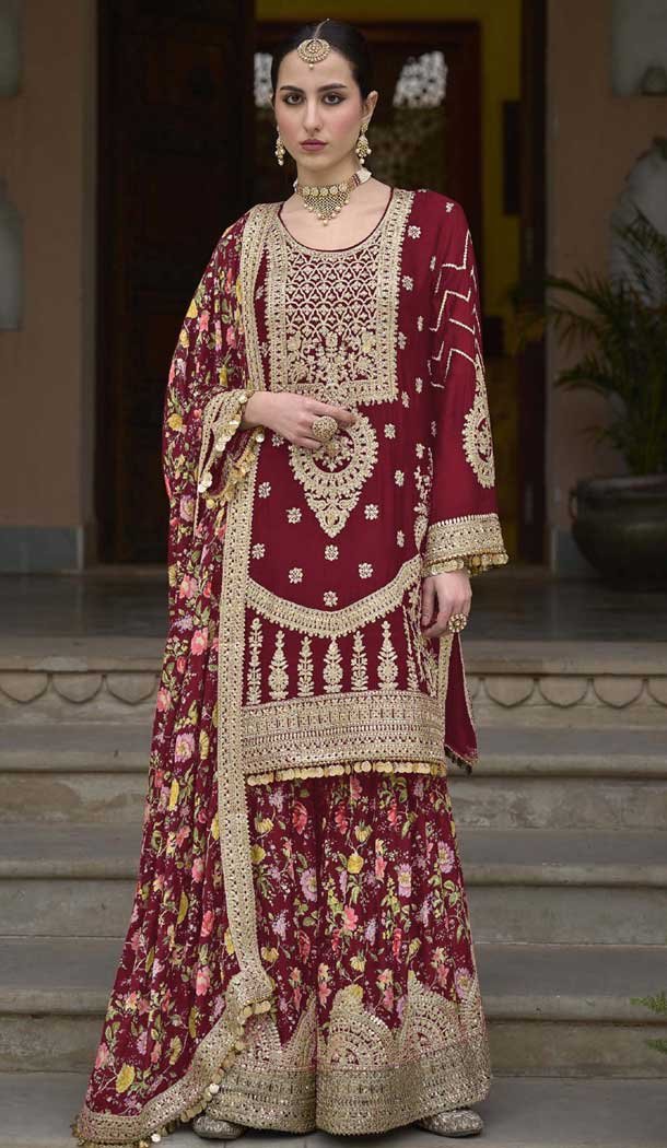 Chinon Embroidered Party Wear Readymade Sharara Suit In Maroon – 10008191873