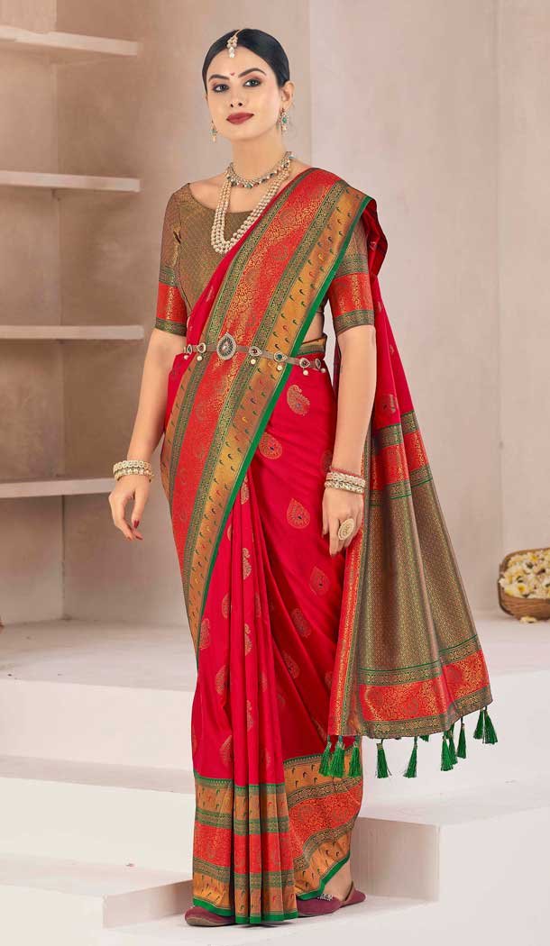 Red Soft Silk Zari Work Traditional Saree – 10012191892