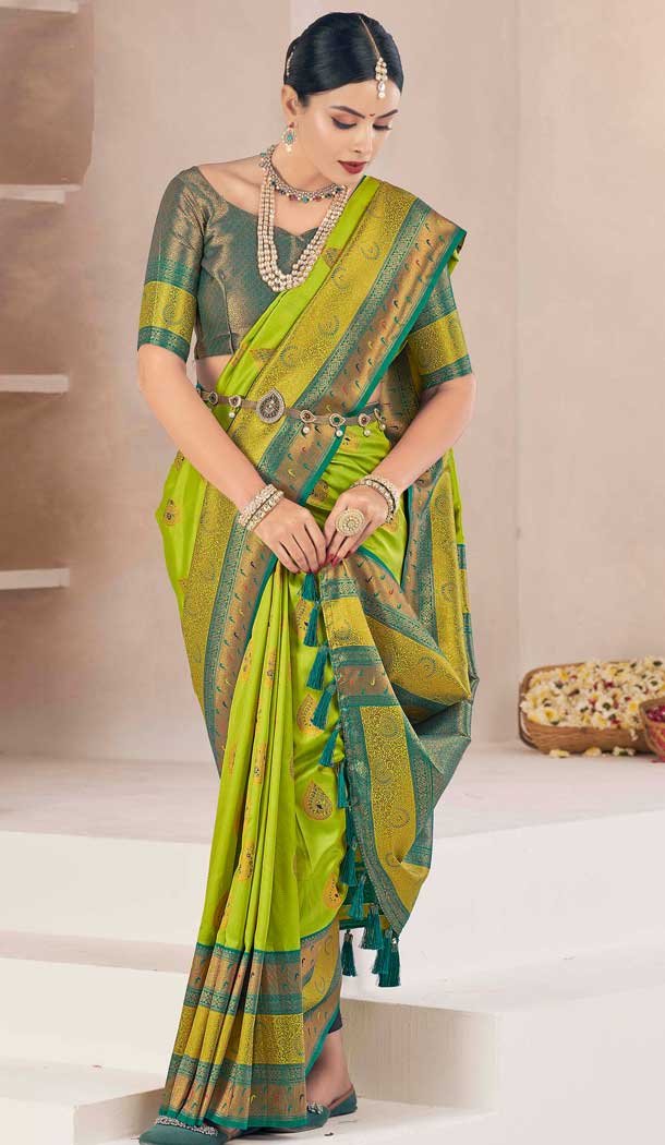 Green Soft Silk Zari Work Traditional Saree – 10012191893