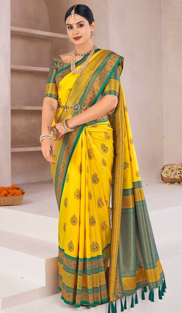 Yellow Soft Silk Zari Work Traditional Saree – 10012191894