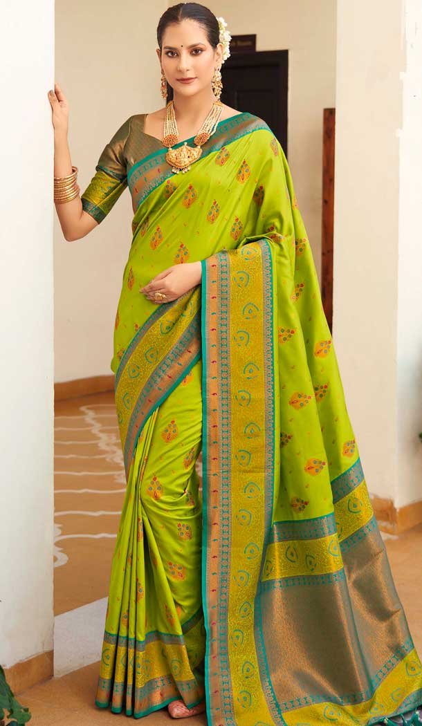 Green Soft Silk Zari Work Traditional Party Wear Saree – 10013191896