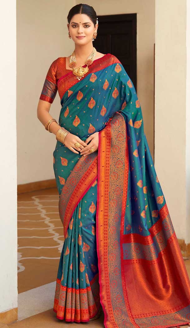 Teal Blue Soft Silk Zari Work Traditional Party Wear Saree – 10013191897