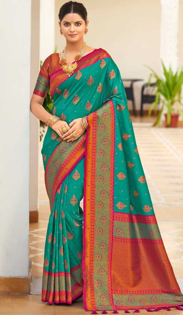 Mint Green Soft Silk Zari Work Traditional Party Wear Saree – 10013191900