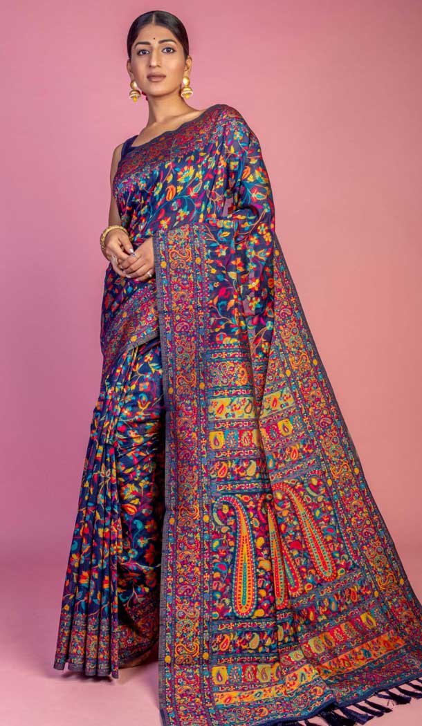 Kashmiri Pashmina Resham Work Traditional Wear Saree In Navy Blue – 9975191564