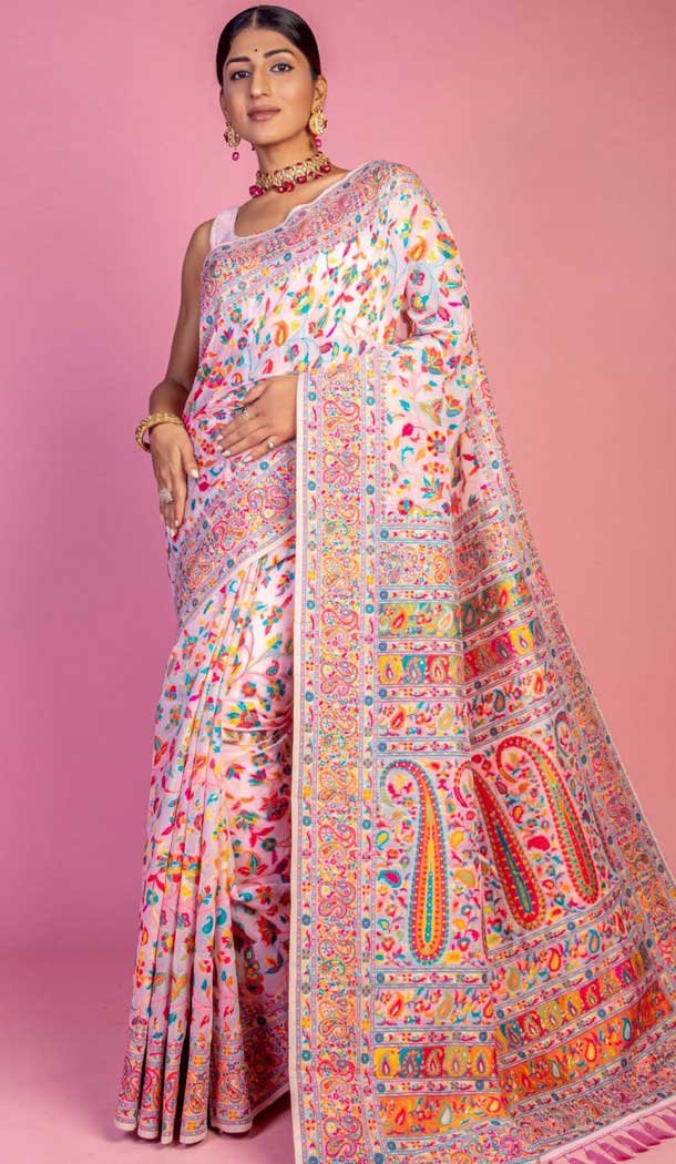 Kashmiri Pashmina Resham Work Traditional Wear Saree In Light Pink – 9975191565