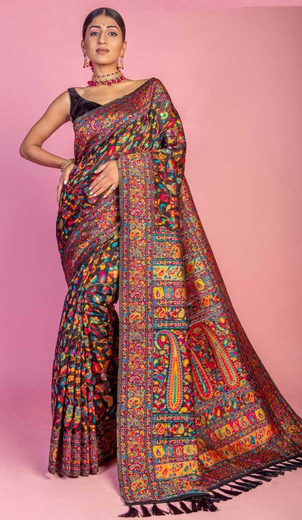 Kashmiri Pashmina Resham Work Traditional Wear Saree In Black – 9975191566