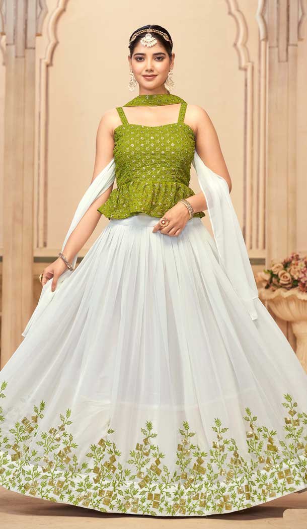 Georgette Embroidered Party Wear Lehenga Choli In White And Mehendi – 10017191916