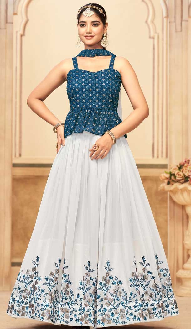 Georgette Embroidered Party Wear Lehenga Choli In White And Teal Blue – 10017191917