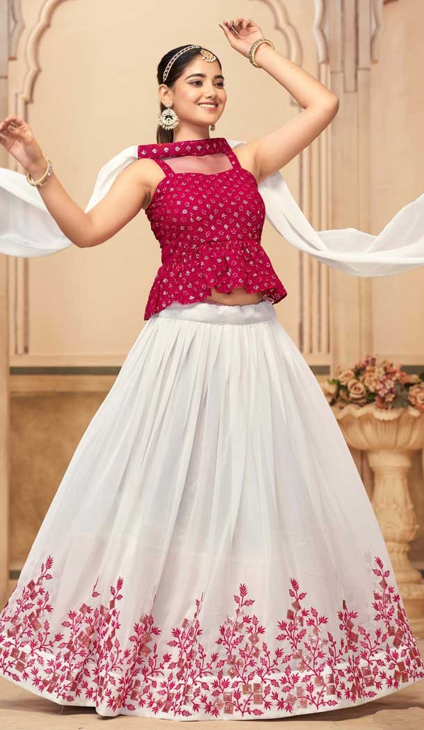 Georgette Embroidered Party Wear Lehenga Choli In White And Rani Pink – 10017191918