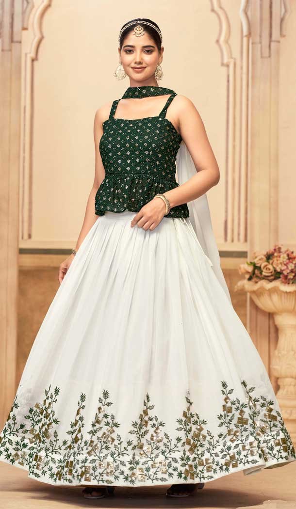 Georgette Embroidered Party Wear Lehenga Choli In White And Green – 10017191919