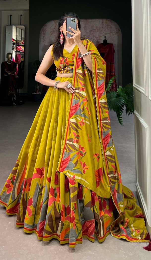 Mustard Viscose Chanderi Printed Navratri Lehenga Choli – 10037192032