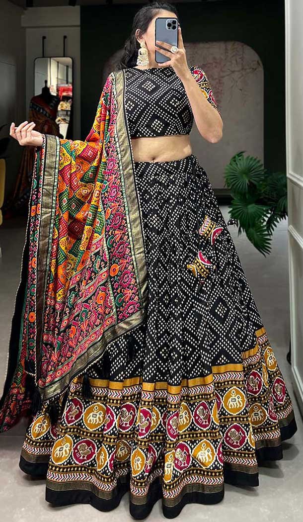 Black Tussar Silk Patola Printed Work Navratri Lehenga Choli -10046192077