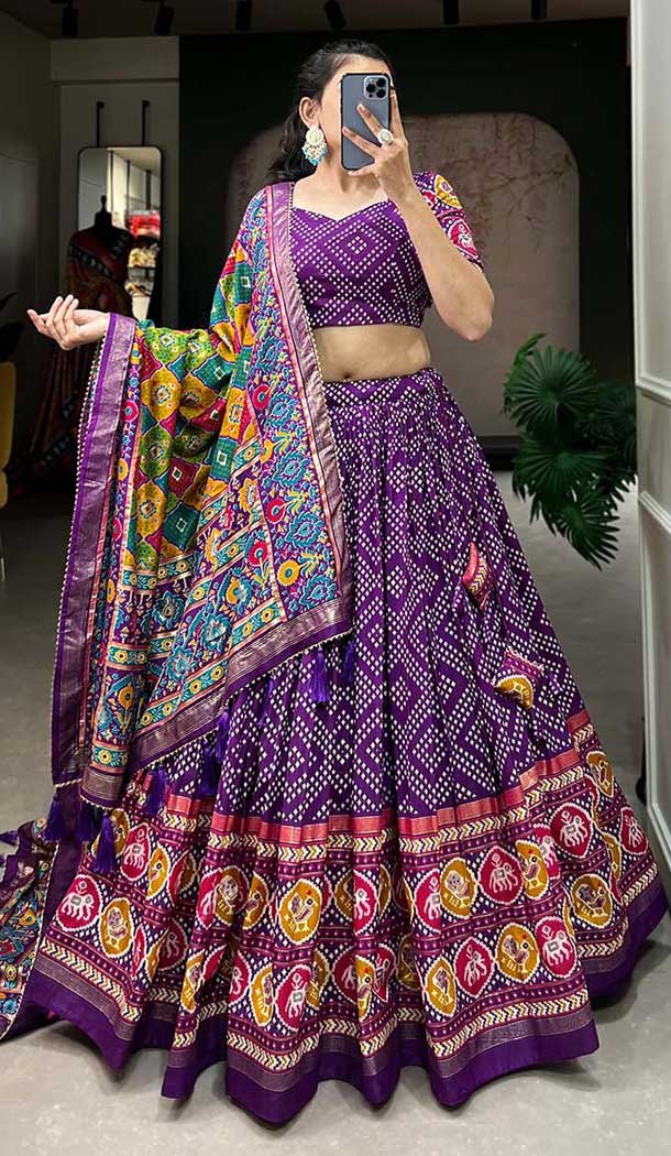 Purple Tussar Silk Patola Printed Work Navratri Lehenga Choli -10046192078