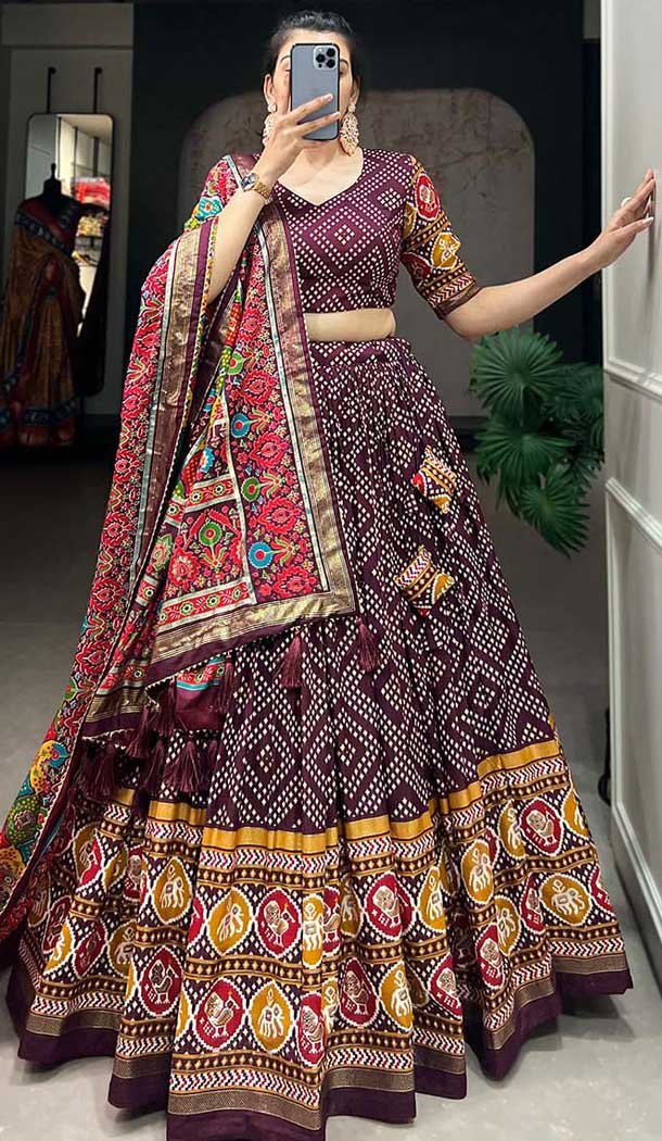 Wine Tussar Silk Patola Printed Work Navratri Lehenga Choli -10046192079