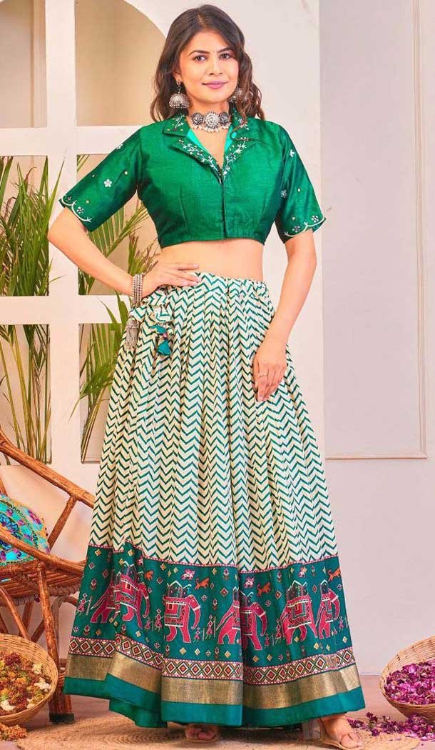 Rayon Cotton Patola Print Work Party Wear Lehenga Choli In Green – 10056192138