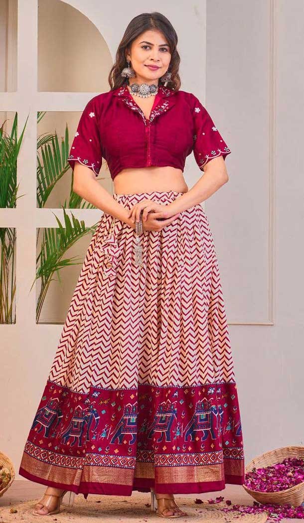 Rayon Cotton Patola Print Work Party Wear Lehenga Choli In Rani Pink – 10056192139