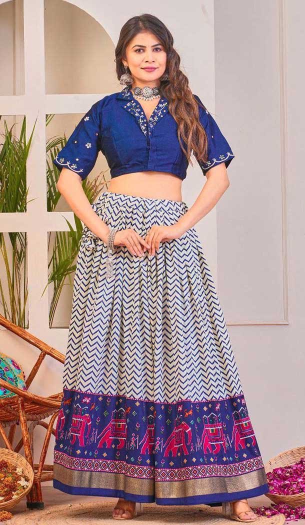 Rayon Cotton Patola Print Work Party Wear Lehenga Choli In Blue – 10056192140