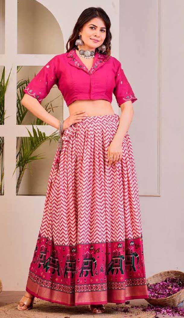 Rayon Cotton Patola Print Work Party Wear Lehenga Choli In Pink – 10056192141