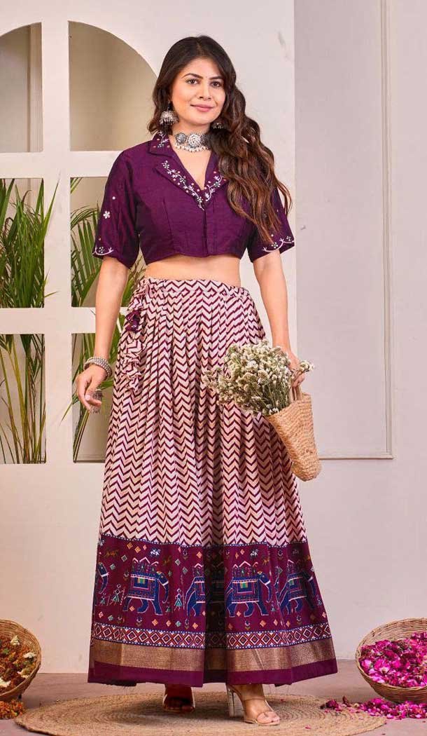 Rayon Cotton Patola Print Work Party Wear Lehenga Choli In Purple – 10056192142