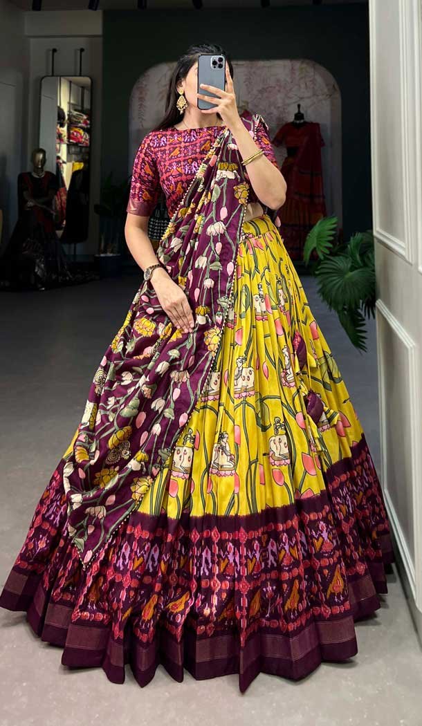 Yellow Tussar Silk Zari Work Navratri Lehenga Choli – 10069192180