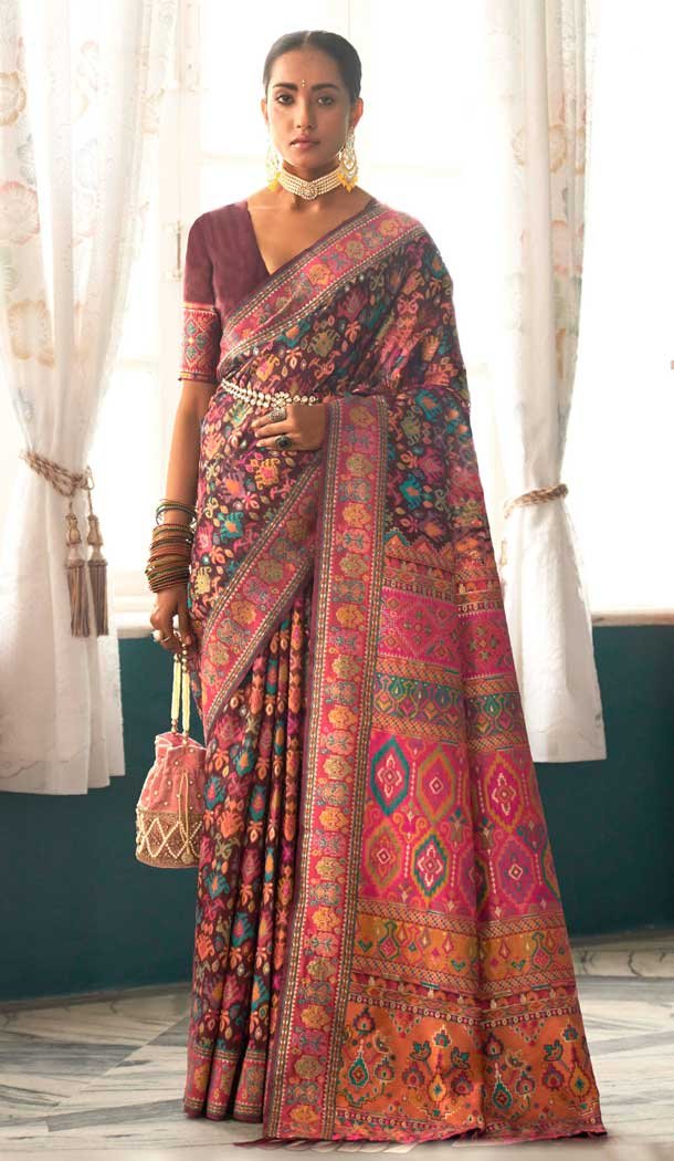 Deep Maroon Kashmiri Pashmina Woven Work Traditional Wear Saree – 9974191554