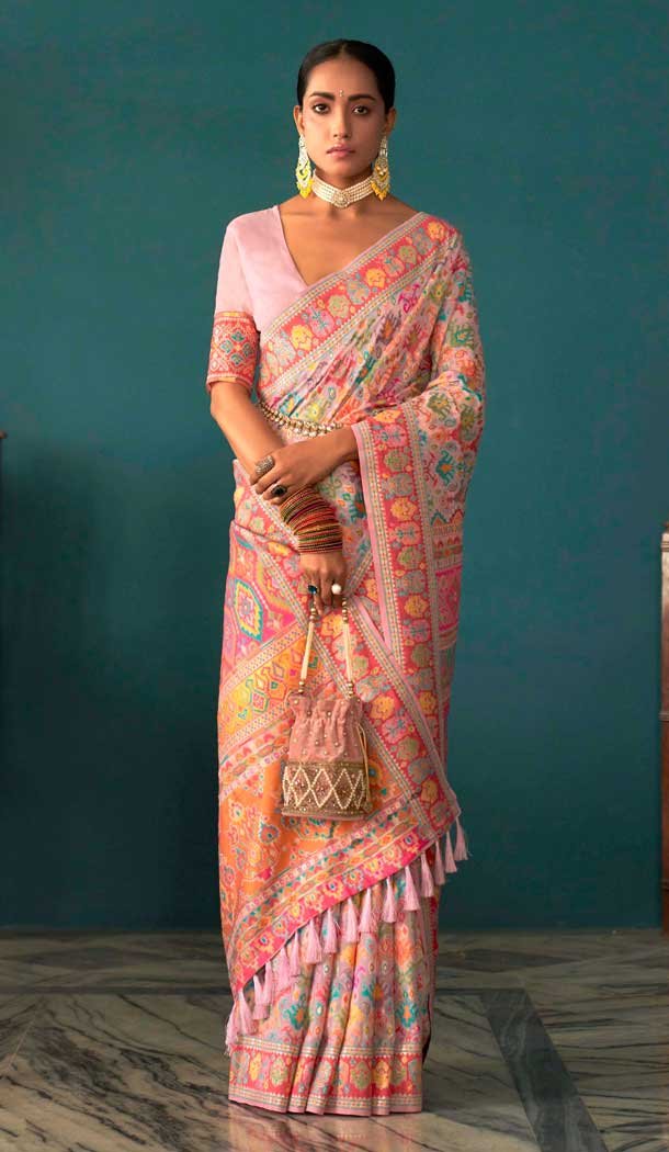 Blush Pink Kashmiri Pashmina Woven Work Traditional Wear Saree – 9974191558