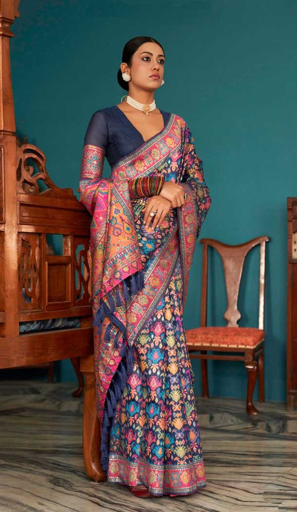 Navy Blue Kashmiri Pashmina Woven Work Traditional Wear Saree – 9974191559