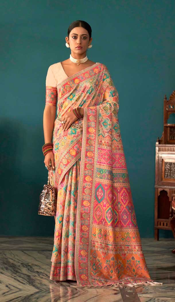 Light Peach Kashmiri Pashmina Woven Work Traditional Wear Saree – 9974191560