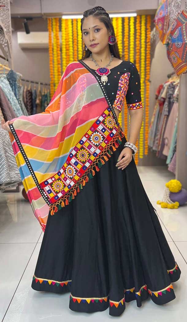 Black Rayon Printed Navratri Lehenga Choli – 10047192084