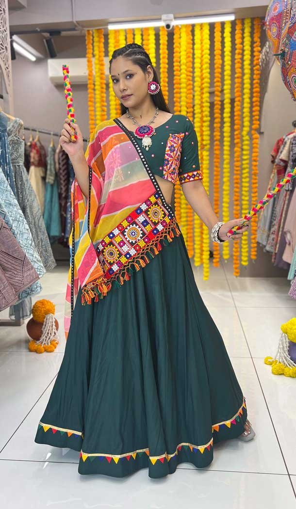 Green Rayon Printed Navratri Lehenga Choli – 10047192085