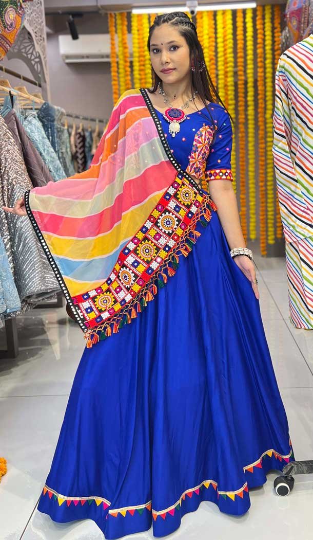 Navy Blue Rayon Printed Navratri Lehenga Choli – 10047192086