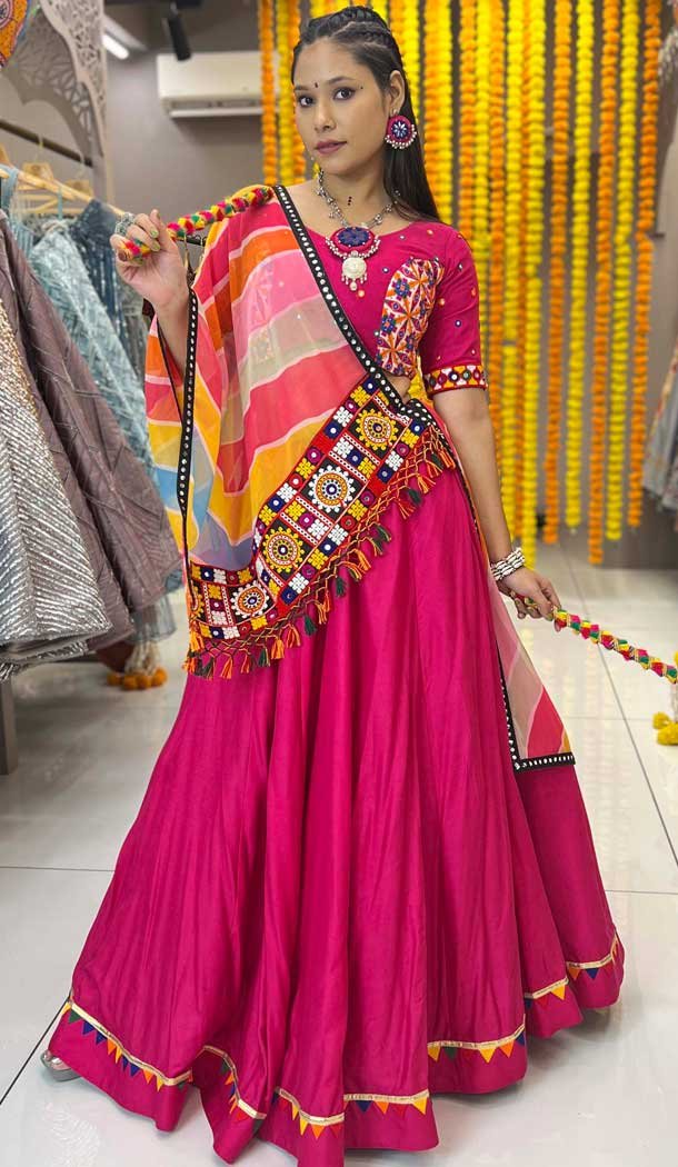 Rani Pink Maslin Printed Navratri Lehenga Choli – 10047192087