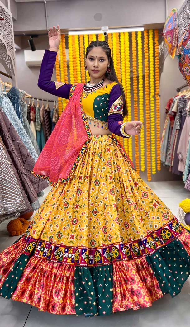 Mustard Yellow Rayon Jari Work Navratri Lehenga Choli – 10047192092