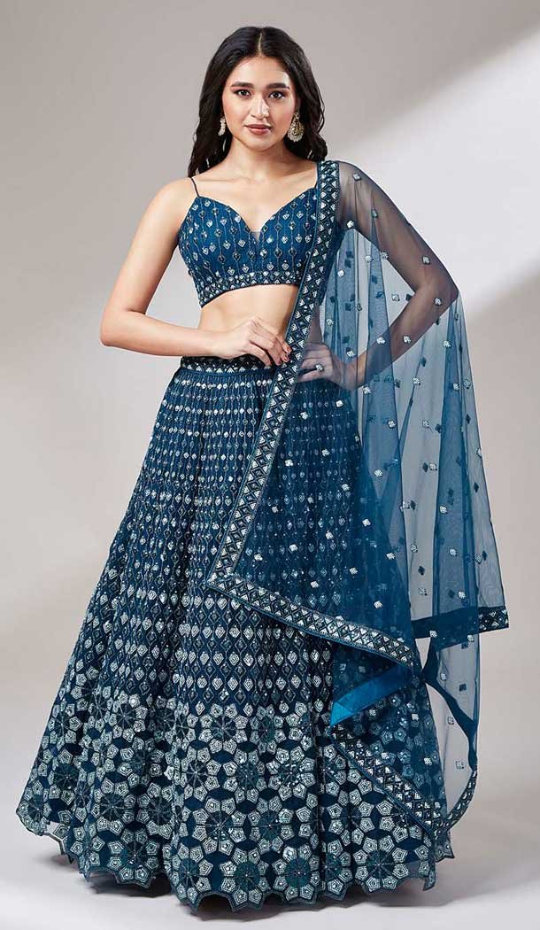 Navy Blue Net Embroidered Designer Wear Lehenga Choli – 10082192261