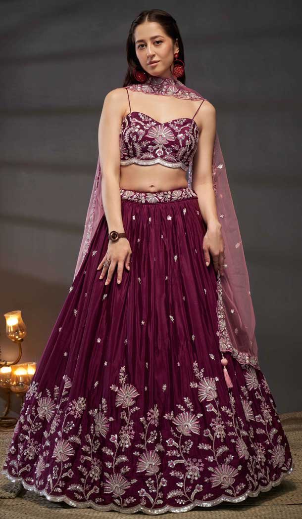 Burgundy Poly Chiffon Embroidered Designer Wear Lehenga Choli – 10082192262