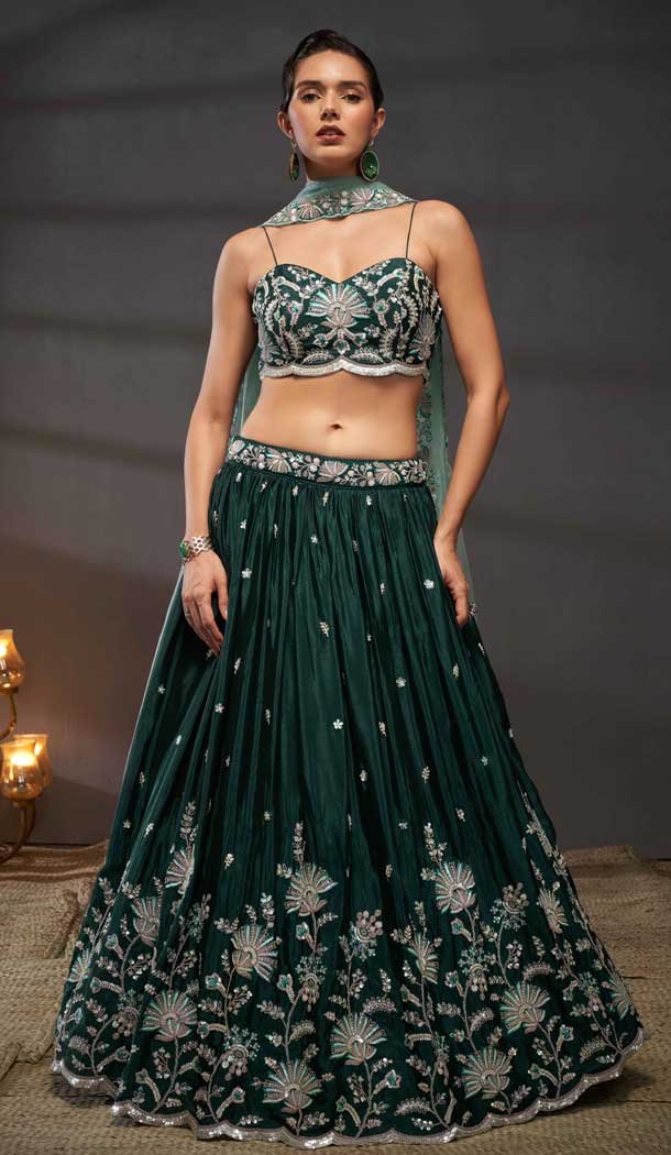 Green Poly Chiffon Embroidered Designer Wear Lehenga Choli – 10082192263