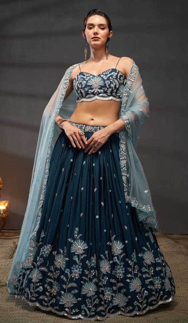 Teal Blue Poly Chiffon Embroidered Designer Wear Lehenga Choli – 10082192264